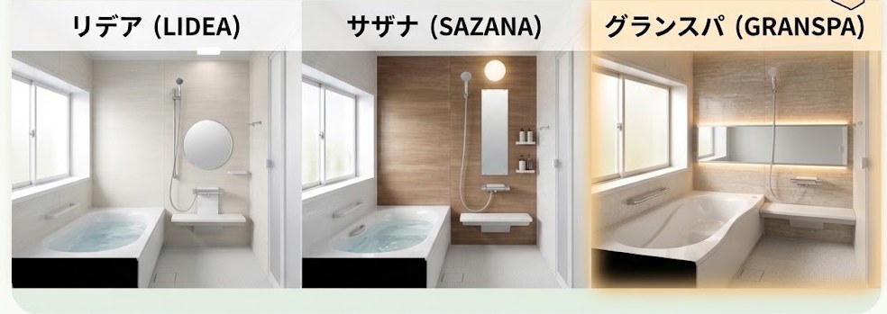 システムバス比較 リデア（LIXIL）・サザナ（TOTO）・グランスパ（タカラスタンダード）の浴室
